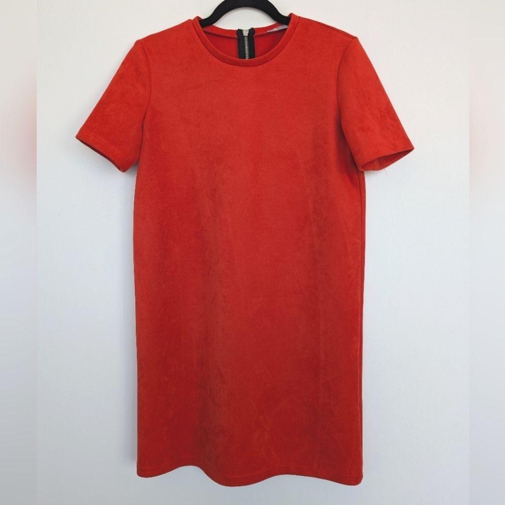 Zara Faux Suede Back Zip Crewneck Short Sleeve Dress Sz M/28 Holiday